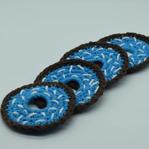 Hand Crafted Crochet Blue Frosted Doughnut Coasters Set of four